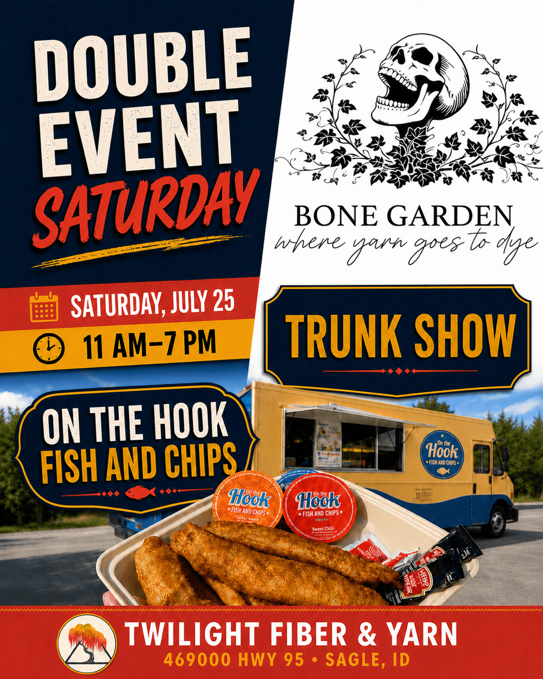 Double Event Saturday, July 25 11am to 7pm: Bone Garden Trunk Show and On the Hook fish and chips food truck at Twilight Fiber & Yarn